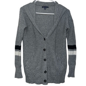 American Eagle Gray Button Front Collared Cardigan Stripe Sleeve Extra Small
